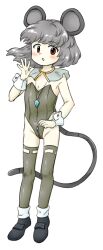 Rule 34 | 1girl, :o, adapted costume, animal ears, black footwear, blush, crotch zipper, flat chest, full body, grey hair, grey leotard, grey tail, grey thighhighs, hand up, highleg, highleg leotard, leotard, mouse ears, mouse girl, mouse tail, nazrin, nonamejd, official style, red eyes, short hair, simple background, solo, standing, strapless, strapless leotard, tail, thighhighs, touhou, white background, white wrist cuffs, wrist cuffs, zipper, zipper pull tab, zun (style)