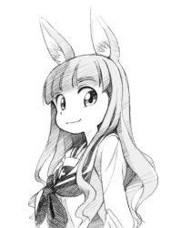 Rule 34 | 10s, 1girl, animal ears, blouse, blunt bangs, closed mouth, commentary request, coupy pencil (medium), girls und panzer, gofu, greyscale, kemonomimi mode, long hair, long sleeves, looking at viewer, monochrome, neckerchief, ooarai school uniform, partial commentary, school uniform, serafuku, shirt, smile, solo, standing, takebe saori