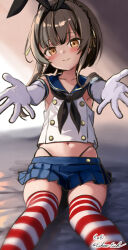 Rule 34 | 1girl, brown eyes, brown hair, cosplay, eckert&amp;eich, elbow gloves, gloves, highres, kantai collection, microskirt, navel, shimakaze (kancolle), shimakaze (kancolle) (cosplay), short hair with long locks, sitting, skirt, smile, striped clothes, striped thighhighs, thighhighs, ukuru (kancolle)