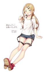 Rule 34 | 10s, 1girl, blonde hair, collarbone, dagashi kashi, earrings, endou saya, full body, hair ornament, hairclip, hattori masaki, jewelry, long hair, low twintails, off shoulder, open mouth, shorts, simple background, sitting, solo, transparent background, twintails, veins
