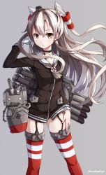 Rule 34 | 10s, 1girl, amatsukaze (kancolle), character name, choker, cursive, dress, garter straps, gloves, grey background, highres, kantai collection, long hair, looking at viewer, personification, rensouhou-kun, rin yuu, sailor dress, short dress, silver hair, simple background, single glove, striped clothes, striped thighhighs, thighhighs, two side up, white gloves, yellow eyes, zettai ryouiki