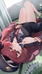 Rule 34 | 1girl, bare legs, barefoot, black eyes, black hat, black jacket, blue archive, blush, commentary, electrical outlet, grin, halo, hat, highres, iroha (blue archive), jacket, long hair, long sleeves, looking at viewer, lying, necktie, nokke o, on back, red hair, red necktie, smile, solo