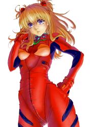 Rule 34 | 1girl, artist request, ass, blue eyes, bodysuit, breasts, brown hair, gloves, hair ornament, hand in own hair, hand on own hip, long hair, medium breasts, neon genesis evangelion, pilot suit, plugsuit, red bodysuit, simple background, skin tight, solo, souryuu asuka langley, white background, wide hips