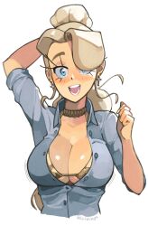 Rule 34 | 1girl, artist name, bikini, bikini under clothes, blonde hair, blue eyes, breasts, choker, cleavage, collared shirt, cropped torso, cross, cross earrings, earrings, fjaskgf, gold bikini, highres, jewelry, large breasts, long hair, looking at viewer, open mouth, original, rose (fjaskgf), shirt, simple background, sleeves rolled up, solo, swimsuit, unbuttoned, unbuttoned shirt, upper body, white background