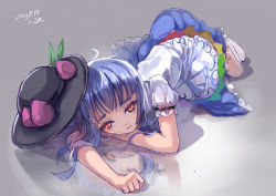 Rule 34 | 1girl, absurdres, blue hair, dated, food, fruit, hat, unworn hat, unworn headwear, highres, hinanawi tenshi, looking at viewer, lying, myero, on side, peach, puffy sleeves, red eyes, reflection, reflective floor, shirt, short sleeves, signature, skirt, solo, touhou