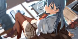 Rule 34 | 10s, 1girl, aqua eyes, aqua hair, blush, bow, bowtie, breasts, brown jacket, brown skirt, brown thighhighs, couch, flight deck, frilled skirt, frills, from above, hair ornament, hairclip, highres, indoors, jacket, unworn jacket, kantai collection, looking at viewer, medium breasts, pleated skirt, rigging, shirt, sitting, skirt, unworn skirt, smile, smokestack, solo, suzuya (kancolle), thighhighs, tsuuhan, turret, white shirt, wooden floor