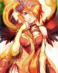 Rule 34 | 1girl, chinese clothes, elbow gloves, fingerless gloves, gloves, green eyes, hair over one eye, leilan (p&amp;d), leiran (p&amp;d), long hair, puzzle &amp; dragons, red hair, side ponytail, smile, solo, wings, yuki.nya