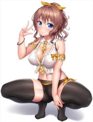 Rule 34 | 1girl, argyle, armpit crease, bang dream!, bare arms, bare shoulders, belt, between breasts, black shorts, black thighhighs, blue eyes, blush, bracelet, breasts, brown hair, cleavage, closed mouth, covered erect nipples, crop top, detached collar, detached sleeves, full body, hair between eyes, hair ribbon, hand up, head tilt, heart, jewelry, lambda (kusowarota), large breasts, long hair, looking at viewer, midriff, navel, necktie, no shoes, ponytail, ribbon, shadow, short shorts, short sleeves, shorts, sidelocks, simple background, skindentation, smile, solo, squatting, stomach, thighhighs, w, wavy hair, white background, yamabuki saya, yellow necktie, yellow ribbon