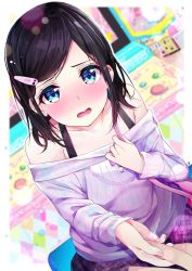 Rule 34 | 1girl, bag, bare shoulders, black hair, blue eyes, blurry, blurry background, blush, collarbone, commentary, embarrassed, hair ornament, hairclip, holding hands, highres, lens flare, long sleeves, looking at viewer, off-shoulder, off-shoulder sweater, off shoulder, open mouth, original, ribbed sweater, rouka (akatyann), short hair, solo, solo focus, sweater, thighhighs