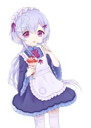 absurdres apron blue_hair china_dress chinese_clothes cream cream_on_face dress food food_on_face genshin_impact highres holding holding_food holding_spoon jiangshi long_hair maid maid_apron maid_headdress mihoyo nirunirin open_mouth parfait purple_eyes qiqi_(genshin_impact) spoon tongue tongue_out