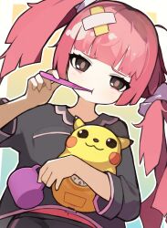 Rule 34 | 1girl, :t, blunt bangs, blush, breast pocket, bright pupils, brown eyes, brushing teeth, commentary request, creatures (company), cup, eyelashes, game freak, gen 1 pokemon, hair ornament, harufude, highres, holding, holding cup, holding toothbrush, looking at viewer, mug, nintendo, pikachu, pink hair, pocket, pokemon, pokemon (anime), pokemon horizons, coral (pokemon), shirt, themed object, toothbrush, twintails
