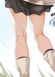 Rule 34 | 1girl, between thighs, black ribbon, black skirt, blue hair, blurry, blurry foreground, boots, female focus, from behind, hair ribbon, head out of frame, highres, knee boots, kneepits, legs, lower body, miniskirt, mushoku tensei, ribbon, roxy migurdia, shiny skin, skirt, solo, standing, thighs, upskirt, white footwear, yuiga naoha