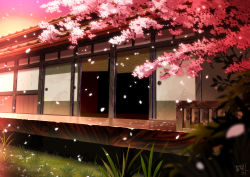 Rule 34 | architecture, bad id, bad pixiv id, cherry blossoms, east asian architecture, grass, no humans, original, outdoors, petals, pink sky, scenery, sky, sliding doors, waraimasuka