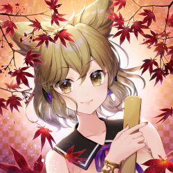 Rule 34 | 1girl, autumn leaves, bare shoulders, bracelet, checkered background, collarbone, commentary request, earmuffs, grin, hair between eyes, hand up, highres, holding, jewelry, leaf, light brown hair, light particles, looking at viewer, maple leaf, momoshiki tsubaki, nail polish, neck ribbon, parted lips, pointy hair, purple ribbon, red nails, ribbon, ritual baton, short hair, sleeveless, smile, solo, touhou, toyosatomimi no miko, upper body, yellow eyes
