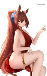 Rule 34 | 1girl, absurdres, alternate costume, alternate hairstyle, animal ears, baozouyeguai, bare shoulders, blush, breasts, commentary request, daiwa scarlet (umamusume), dress, hair between eyes, highres, horse ears, horse girl, large breasts, long hair, looking at viewer, open mouth, ponytail, red dress, red eyes, red hair, sideboob, sideless outfit, simple background, sleeveless, sleeveless dress, solo, thigh strap, tiara, twitter username, umamusume, very long hair, white background