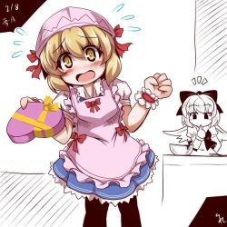 Rule 34 | 2girls, apron, blonde hair, blush, bow, dated, finger in own mouth, gengetsu (touhou), gift, hair bow, heart, maid, maid apron, maid headdress, monochrome, mugetsu (touhou), multiple girls, one-hour drawing challenge, pantyhose, red bow, ribbon, short hair, siblings, sisters, sore (whirlwind), touhou, touhou (pc-98), wings, yellow eyes