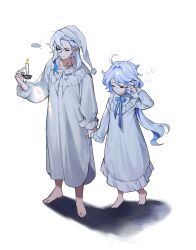 Rule 34 | ..., 1boy, 1girl, alnyak, barefoot, blue hair, candle, closed eyes, closed mouth, commentary, full body, furina (genshin impact), genshin impact, hair between eyes, hat, highres, long hair, long sleeves, multicolored hair, neuvillette (genshin impact), nightgown, pajamas, pointy ears, pom pom (clothes), simple background, spoken ellipsis, very long hair, white background, white hair, white headwear, white nightgown