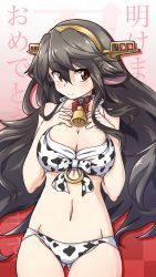 Rule 34 | 1girl, 547th sy, alternate costume, animal ears, animal print, text background, bell, bikini, blush, breasts, breasts squeezed together, brown eyes, chinese zodiac, collar, cow ears, cow print, cowboy shot, grey hair, hair between eyes, hair ornament, hairclip, hands on own chest, haruna (kancolle), headgear, highres, kantai collection, large breasts, long hair, neck bell, new year, red collar, simple background, smile, solo, swimsuit, year of the ox