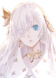 Rule 34 | 1girl, anastasia (fate), blue eyes, choker, earrings, eyes visible through hair, fate/grand order, fate (series), hair ornament, hair over one eye, head tilt, highres, jewelry, long hair, parted lips, portrait, ro96cu, silver hair, simple background, solo, white background