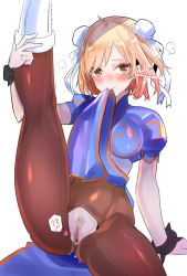 Rule 34 | 10s, 1girl, blonde hair, blush, boots, bracelet, brown pantyhose, bun cover, capcom, censored, chun-li, chun-li (cosplay), clothes lift, cosplay, djeeta (granblue fantasy), double bun, dress, dress lift, female pubic hair, granblue fantasy, hair bun, hard-translated, heart, jewelry, knee boots, leg up, looking at viewer, mouth hold, no panties, orange pantyhose, pantyhose, pelvic curtain, pubic hair, puffy short sleeves, puffy sleeves, pussy, pussy cutout, pussy juice, short sleeves, sitting, smile, solo, spiked bracelet, spikes, standing, street fighter, sweatdrop, tajima ryuushi, third-party edit, torn clothes, torn pantyhose, translated, white footwear