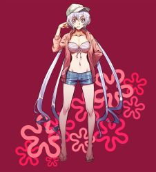 Rule 34 | 10s, 1girl, breasts, cleavage, denim, denim shorts, flip-flops, front-tie top, grey hair, groin, highres, jacket, large breasts, long hair, midriff, navel, open clothes, open jacket, red background, sandals, senki zesshou symphogear, short shorts, shorts, solo, tomaty., twintails, yukine chris