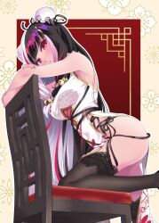 Rule 34 | 1girl, animal print, armpits, ass, bell, black hair, black thighhighs, blush, breasts, bun cover, chair, china dress, chinese clothes, clothing cutout, covered navel, double bun, dress, eyeshadow, fingernails, from below, from side, hair bell, hair bun, hair ornament, hakkaku shikimi, highres, jingle bell, lace, lace-trimmed thighhighs, large breasts, lips, long hair, looking at viewer, makeup, multicolored hair, navel cutout, nijisanji, on chair, parted lips, pelvic curtain, print dress, rabbit print, red eyes, red eyeshadow, red hair, solo, split-color hair, streaked hair, tassel, tassel hair ornament, thighhighs, thighs, two-tone hair, underboob, underboob cutout, very long hair, virtual youtuber, white dress, white hair, yorumi rena, yorumi rena (10th costume)