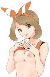 Rule 34 | 10s, 1girl, :p, blue eyes, breasts, brown hair, clothes lift, collarbone, creatures (company), egooo, eyebrows, fingers together, game freak, hair ribbon, head tilt, looking at viewer, may (pokemon), may (pokemon oras), medium breasts, navel, nintendo, nipples, own hands together, pokemon, pokemon oras, puffy nipples, ribbon, shirt lift, short hair, sidelocks, sleeveless, solo, steepled fingers, tank top, tongue, tongue out, two side up, upper body, white background
