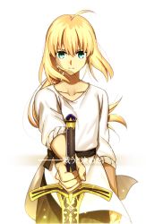 Rule 34 | 1girl, ahoge, artoria pendragon (all), artoria pendragon (fate), black pants, blonde hair, caliburn (fate), chietori, collarbone, cowboy shot, fate/stay night, fate (series), floating hair, green eyes, hair between eyes, holding, holding sword, holding weapon, long hair, looking at viewer, pants, ponytail, saber (fate), shirt, simple background, solo, standing, sword, weapon, white background, white shirt