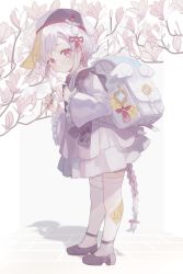 Rule 34 | 1girl, 750x077, absurdres, backpack, bag, black footwear, black nails, braid, braided ponytail, charm (object), child, closed mouth, commentary, dress, floral print, forehead, frilled dress, frilled sleeves, frills, genshin impact, hair ornament, hat, highres, holding, long hair, long sleeves, looking at viewer, mini wings, nail polish, ofuda, parted bangs, purple hair, qiqi (genshin impact), randoseru, red eyes, shadow, shoes, sidelocks, solo, standing, talisman, tassel, thighhighs, tree, very long hair, white thighhighs, wide sleeves, wings