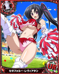 Rule 34 | 10s, 1girl, artist request, black hair, bra, breasts, card (medium), character name, cheerleader, chess piece, confetti, crop top, crop top overhang, elbow gloves, gloves, hair ribbon, high school dxd, king (chess), large breasts, long hair, midriff, navel, official art, panties, pom pom (cheerleading), purple eyes, ribbon, serafall leviathan, shiny skin, skirt, smile, solo, thighhighs, torn clothes, torn thighhighs, trading card, twintails, underboob, underwear, white gloves