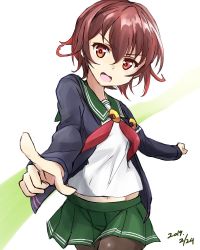 Rule 34 | 1girl, blue jacket, brown hair, commentary request, crescent, crescent pin, dated, gradient hair, green sailor collar, green skirt, index finger raised, jacket, kantai collection, looking at viewer, minosu, multicolored hair, mutsuki (kancolle), mutsuki kai ni (kancolle), neckerchief, one-hour drawing challenge, open mouth, pantyhose, pleated skirt, red eyes, red hair, red neckerchief, sailor collar, school uniform, serafuku, short hair, skirt, solo, white background