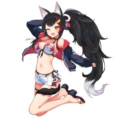 Rule 34 | 1girl, alternate hairstyle, animal ears, bikini, bikini bottom only, bikini under clothes, black hair, black sleeves, breasts, collaboration, dawn of the breakers, hair ornament, hairclip, highres, hololive, jacket, long hair, long sleeves, medium breasts, multicolored hair, navel, official alternate costume, official art, one eye closed, ookami mio, ookami mio (hololive summer 2019), ponytail, sandals, short shorts, shorts, solo, swimsuit, tail, tail wrap, two-tone hair, very long hair, virtual youtuber, wakaba sprout, white background, white bikini, wolf ears, wolf girl, wolf tail, yellow eyes