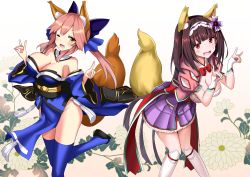Rule 34 | 2girls, animal ears, bare shoulders, black hair, blue thighhighs, blush, bow, breasts, brown hair, cleavage, detached sleeves, fang, fate/grand order, fate (series), floral background, fox ears, fox shadow puppet, gloves, hair bow, hair ribbon, hairband, japanese clothes, large breasts, long hair, looking at viewer, minato yoshihiro, multiple girls, one eye closed, open mouth, osakabehime (fate), pink hair, purple eyes, ribbon, tamamo (fate), tamamo no mae (fate/extra), thighhighs, very long hair, yellow eyes