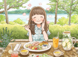 Rule 34 | 1girl, blueberry, blush stickers, bracelet, brown hair, bush, cafe, chewing, closed eyes, collared shirt, cup, dappled sunlight, drinking straw, earrings, facing viewer, flower, food, fork, fruit, hand on own cheek, hand on own face, hands up, holding, holding fork, ice, ice cube, jewelry, lake, lavender (flower), lemon, lemon slice, lettuce, long hair, meal, meat, mug, original, outdoors, picnic table, pitcher (container), plaid, plaid shirt, plant, plate, potato, pov across table, pudding, quiche, restaurant, salad, sauce, shirt, short sleeves, smile, solo, soup, sunlight, table, tokoyu, tomato, tree, water, wooden table