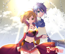 Rule 34 | 1boy, 1girl, backlighting, black bra, blue eyes, blue hair, blue nails, blue scarf, bra, breasts, brown eyes, brown hair, child-box, cloud, coat, collarbone, commentary, contrapposto, cowboy shot, crop top, detached sleeves, grey sky, highres, holding hands, jacket, jewelry, kaito (vocaloid), looking at viewer, medium breasts, meiko (vocaloid), midriff, miniskirt, nail polish, navel, necklace, red jacket, red nails, red skirt, red sleeves, scarf, short hair, signature, skirt, sky, smile, song name, sun, sunlight, underwear, vocaloid, water drop, white coat