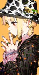 Rule 34 | 1girl, absurdres, animal print, black jacket, blonde hair, blunt ends, bracelet, bucket hat, closed mouth, collared shirt, commentary, cow print, earclip, earrings, english text, fingers to mouth, floral print, from side, grey nails, hat, heart, heart earrings, highres, jacket, jewelry, light blush, long sleeves, looking down, low twintails, mika pikazo, multiple rings, orange background, orange eyes, original, pink shirt, print jacket, profile, ring, shirt, short twintails, simple background, solo, steepled fingers, striped clothes, striped shirt, symbol-only commentary, twintails, upper body, vertical-striped clothes, vertical-striped shirt, vine print