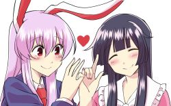 Rule 34 | 2girls, ^ ^, animal ears, black hair, blazer, blush, bow, closed eyes, commentary request, finger gun, head tilt, heart, hime cut, houraisan kaguya, index finger raised, jacket, light purple hair, long sleeves, looking at another, mana (gooney), multiple girls, nail polish, necktie, pink nails, pinky swear, purple hair, rabbit ears, red eyes, red necktie, reisen udongein inaba, simple background, smile, touhou, white background, yuri