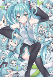 Rule 34 | 1girl, aqua eyes, aqua hair, aqua nails, aqua necktie, bare shoulders, black skirt, black sleeves, black thighhighs, blush, blush stickers, character sheet, check commentary, commentary, commentary request, detached sleeves, electric guitar, from above, glowstick, grey shirt, guitar, hachune miku, hair ornament, hatsune miku, headphones, headset, highres, instrument, long hair, looking at viewer, lying, mikudayoo, miniature, miniskirt, nail polish, necktie, noneon319, on back, open mouth, penlight (glowstick), pleated skirt, shirt, skirt, sleeveless, sleeveless shirt, smile, solid oval eyes, solo, spring onion, stuffed toy, thighhighs, twintails, very long hair, vocaloid, zettai ryouiki