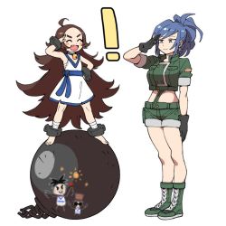 Rule 34 | !, 2girls, ball, ball and chain (weapon), barefoot, blue hair, blush, boots, brown hair, chain, chang koehan, child&#039;s drawing, crop top, earrings, forehead, full body, genderswap, genderswap (mtf), gloves, height difference, jewelry, leona heidern, long hair, looking at another, midriff, multiple girls, nhadraw, open mouth, parted bangs, ponytail, salute, short hair, shorts, smile, the king of fighters