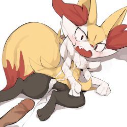 Rule 34 | 1girl, animal ears, blush, braixen, constricted pupils, creatures (company), cum, cum on body, cum on lower body, disembodied penis, erection, fang, fox ears, fox tail, furry, furry female, game freak, gen 6 pokemon, jaggy lines, looking at viewer, lying, nintendo, on side, open mouth, penis, pokemon, pokemon (creature), pussy, red eyes, simple background, solo, stick, tail, tears, uncensored, white background, youjo modoki