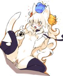 Rule 34 | 1boy, 1girl, ahoge, animal ears, animal nose, black choker, black thighhighs, blue flower, blush, body fur, breasts, cat, cat ears, cat girl, cat tail, choker, claws, commentary request, fang, flower, furry, furry female, furry with non-furry, hair between eyes, hair flower, hair ornament, hetero, interspecies, long hair, no nipples, nude, open mouth, original, partial commentary, pawpads, penis, pussy, red flower, sex, slit pupils, small breasts, solo focus, tail, thighhighs, very long hair, white fur, white hair, wkar, wrist cuffs, yellow eyes, yellow flower