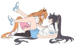 Rule 34 | 2girls, accident, accidental pervert, animal ears, bandaid, bandaid on face, bandaid on nose, black hair, black legwear, blue shorts, blush, grabbing another&#039;s breast, breasts, eye contact, fallen down, full body, grabbing, highres, horse ears, horse girl, horse tail, kneeling, legs up, long hair, looking at another, lying, mayano top gun (umamusume), medium breasts, multiple girls, narita brian (umamusume), on back, orange hair, pink shorts, ponytail, shirt, shoes, short sleeves, shorts, simple background, sketch, sneakers, sweat, sweatdrop, tail, thighhighs, umamusume, unneul, white background, white shirt, yuri