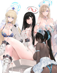 Rule 34 | 4girls, alternate costume, areola slip, arm strap, ass, asuna (blue archive), bare shoulders, black hair, blonde hair, blue archive, blue bra, blue choker, blue eyes, blue halo, blunt bangs, blush, boots, bra, breasts, choker, cleavage, closed mouth, collarbone, commentary, crossed legs, dark-skinned female, dark skin, dishwasher1910, gloves, grin, hair ornament, hair over one eye, hairclip, halo, hands up, hat, highres, holding, id card, jewelry, karin (blue archive), knee boots, large breasts, long hair, looking at viewer, looking back, multiple girls, necklace, nurse cap, ponytail, red eyes, rio (blue archive), sitting, skirt, smile, thighhighs, thighs, toki (blue archive), underwear, white background, white choker, white footwear, white gloves, white headwear, white skirt, white thighhighs, yellow eyes