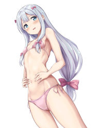 Rule 34 | 10s, 1girl, absurdres, akita hika, armpits, arms up, bad id, bad pixiv id, bare arms, bare shoulders, bikini, blue eyes, blush, bow, breasts, collarbone, cowboy shot, eromanga sensei, from below, grey hair, hair bow, hands on own stomach, highres, izumi sagiri, long hair, looking at viewer, looking down, low-tied long hair, navel, parted lips, pink bikini, pink bow, pink hair, pink ribbon, ribbon, side-tie bikini bottom, sideboob, sidelocks, simple background, sketch, small breasts, solo, standing, stomach, swimsuit, tall, tareme, teeth, thighs, underwear, very long hair, white background