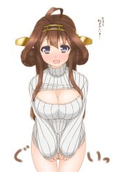 Rule 34 | 10s, 1girl, :d, ahoge, blush, breasts, brown hair, cleavage, clothes tug, double bun, female focus, from above, hairband, headgear, highres, kantai collection, kongou (kancolle), kyounami, large breasts, long hair, looking at viewer, meme attire, naked sweater, open-chest sweater, open mouth, purple eyes, ribbed sweater, smile, solo, sweater, sweater tug, translated, white background