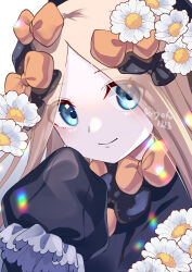 Rule 34 | 1girl, abigail williams (fate), black bow, black dress, black hat, blonde hair, blue eyes, blush, bow, breasts, dress, fate/grand order, fate (series), flower, forehead, hair bow, hat, long hair, long sleeves, looking at viewer, orange bow, parted bangs, ribbed dress, ryofuhiko, sleeves past fingers, sleeves past wrists, small breasts, solo