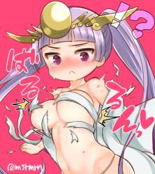 Rule 34 | !?, 1girl, :&lt;, bad id, bad pixiv id, blush, breasts, exploding clothes, haori, headdress, headpiece, japanese clothes, large breasts, long hair, mashiro miru, off shoulder, open clothes, purple eyes, purple hair, puzzle &amp; dragons, sarashi, solo, tears, twintails, twitter username, yomi (p&amp;d)