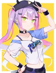 Rule 34 | 1girl, artist logo, baseball cap, black hat, border, choker, clothes writing, collarbone, commentary, crop top, ear piercing, fake horns, green eyes, hair ornament, hairclip, hand on own hip, hand up, haru on, hat, highres, hokkaido nippon-ham fighters, hololive, horned headwear, horns, long hair, looking at viewer, midriff, navel, nippon professional baseball, o-ring, o-ring choker, outside border, piercing, purple hair, shirt, short sleeves, sidelocks, simple background, smile, solo, split mouth, tokoyami towa, twintails, upper body, v, virtual youtuber, white border, white shirt, wristband, yellow background