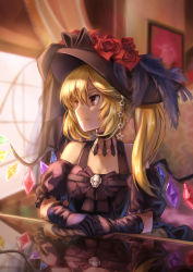 Rule 34 | 1girl, alternate costume, bad id, bad pixiv id, black dress, black gloves, blonde hair, bow, brooch, curtains, dress, fang, flandre scarlet, flower, gloves, gothic lolita, hat, hat feather, hat flower, highres, jewelry, kzhu, lolita fashion, puffy short sleeves, puffy sleeves, red eyes, reflection, short sleeves, side ponytail, smirk, solo, table, touhou, window, wings