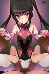 Rule 34 | 1boy, 1girl, black hair, blunt bangs, breasts, covered erect nipples, covered navel, girl on top, gloves, leotard, long hair, looking at viewer, pink eyes, pink leotard, pov, senki zesshou symphogear, shiny clothes, shiny skin, skin tight, small breasts, smile, solo focus, straddling, thighhighs, tsukuyomi shirabe, twintails, uganda (ugandam 00)